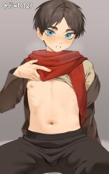 1boy blue_eyes blush brown_hair brown_jacket brown_pants clothes_lift commentary eren_yeager g1_(jjw00123) grey_background highres jacket lifting_own_clothes looking_at_viewer male_focus navel nipples open_clothes open_jacket paid_reward_available pants parted_lips red_scarf scarf shingeki_no_kyojin shirt shirt_lift short_hair simple_background sitting twitter_username yellow_shirt