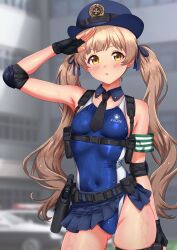 1girl ak-sig-00 armband belt black_gloves blue_hat blue_one-piece_swimsuit blue_skirt breasts brown_eyes brown_hair car chest_harness competition_swimsuit contrapposto detached_collar elbow_pads female_service_cap gloves gun harness hat highleg highleg_one-piece_swimsuit highres holster long_hair medium_breasts motor_vehicle one-piece_swimsuit original pleated_skirt police_car skirt solo swimsuit twintails utility_belt weapon