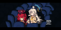 Rule 34 | 2025, 2girls, absurdres, braid, brown shirt, cup, drinking, drinking straw, grey hair, halo, happy birthday, highres, holding, holding cup, letterboxed, long hair, long sleeves, looking at viewer, maochiner, movie theater, multiple girls, necktie, original, pointy ears, red hair, sailor collar, shadow, shirt, short necktie, single braid, sitting, slit pupils, standing, text halo, thick eyebrows, yellow eyes, yellow necktie