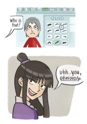 1boy 1girl absurdres ace_attorney ascot blunt_bangs brown_hair commentary curtained_hair english_commentary english_text fizzi_ly game_console grey_hair highres jacket japanese_clothes jewelry kimono long_hair long_sleeves magatama magatama_necklace maya_fey mii_(nintendo) miles_edgeworth necklace nintendo open_mouth pink_kimono purple_jacket red_jacket short_hair smile speech_bubble teeth upper_body upper_teeth_only user_interface white_ascot wii