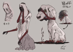 1other arrow_(symbol) blank_eyes blood blood_from_mouth bloody_tears colored_skin commentary_request cow dripping extra_arms extra_eyes full_body grey_background hand_on_own_head hands_on_own_face hands_up highres hooves horizontal_pupils itinogi monster multiple_views no_mouth original plant pool_of_blood puddle ribs ripples simple_background sitting tanabata tanzaku white_skin yellow_eyes