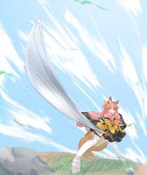 Rule 34 | animal ear fluff, animal ears, bow, braided sidelock, fate/samurai remnant, fate (series), foreshortening, fox ears, fox girl, fox tail, highres, huge weapon, japanese clothes, katana, kimono, long hair, pink hair, rexeig, short eyebrows, short kimono, sleeves past fingers, sleeves past wrists, smile, solo, sunrise stance, sword, tail, tamamo (fate), tamamo aria (fate), weapon, yellow bow, yellow eyes, yellow kimono