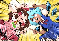 2girls ahegao annyui_(cookie) apron blue_bow blue_dress blue_eyes blue_hair blush bow breasts brown_eyes brown_hair character_name cirno clothes_writing collared_shirt commentary_request cookie_(touhou) dress emphasis_lines feet_out_of_frame frilled_hair_tubes frills fusion_dance gram_9 hair_bow hair_tubes hakurei_reimu ice ice_wings looking_at_another medium_breasts multiple_girls necktie open_mouth pink_apron puffy_short_sleeves puffy_sleeves red_bow red_dress rurima_(cookie) shiny_skin shirt short_hair short_sleeves tan tongue tongue_out touhou white_shirt wings yellow_background yellow_necktie