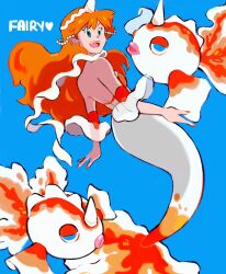 1girl asymmetrical_hair bare_shoulders bikini blush breasts cosplay cowboy_shot female_focus gen_1_pokemon goldeen goldeen_(cosplay) green_eyes hair_ornament highres horsea jewelry legs long_hair looking_at_viewer mermaid mermaid_costume mermaid_misty_(pokemon) misty_(pokemon) monster_girl navel necklace nintendo open_mouth orange_hair pokemon pokemon_(anime) pokemon_(classic_anime) red_hair seashell shell shell_bikini shirt short_hair shorts side_ponytail simple_background small_breasts solo swimsuit thighs underwater water