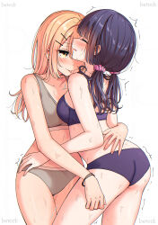 2girls absurdres betock black_hair blonde_hair blue_bra blue_panties blush bra bracelet breasts cameltoe closed_eyes commentary_request ear_blush grey_bra grey_panties hair_ornament hair_scrunchie hairclip highres hug jewelry long_hair medium_breasts multiple_girls open_mouth original panties pink_scrunchie scrunchie simple_background sports_bra sweat tongue tongue_out trembling twintails underwear underwear_only white_background yellow_eyes yuri