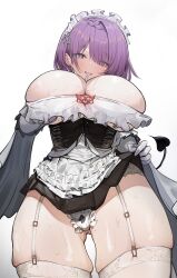 1girl absurdres apron blush breasts demon_girl demon_tail dress frilled_apron frills garter_straps highres inhey large_breasts looking_at_viewer maid maid_apron maid_headdress original panties purple_hair skindentation solo tail thighs underboob underwear white_apron
