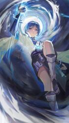 1boy arm_at_side arm_up armor belt black_belt black_bow black_bridal_gauntlets black_leggings black_sandals blue_bodysuit blue_cape blue_hair blue_kimono blue_sleeves blunt_ends bodysuit bow bridal_gauntlets bright_pupils cape constricted_pupils eyeliner eyeshadow fingernails genshin_impact glowing_markings gold halo halo_behind_head highres japanese_armor japanese_clothes juban kimono knee_up kote kurokote layered_kimono layered_sleeves leg_warmers leggings looking_at_hand looking_up makeup male_focus open_clothes open_hand open_kimono open_mouth purple_eyes purple_rope purple_sash red_eyeliner red_eyeshadow rope sandals sash scaramouche_(genshin_impact) short_sleeves solo tassel toes turtleneck turtleneck_bodysuit vortex wanderer_(genshin_impact) white_halo white_kimono white_leg_warmers white_mouth white_pupils white_sleeves wind wispy_bangs yulin_tian zouri