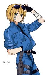 Rule 34 | 1boy, alternate costume, androgynous, arm up, bandaged arm, bandages, bandaid, bandaid on arm, belt, belt buckle, black belt, black gloves, black shirt, blonde hair, blue eyes, blue jacket, blue pants, breast pocket, buckle, collared jacket, cowboy shot, eyewear on head, fingerless gloves, gauze, gauze on cheek, gloves, hand in pocket, highres, holster, holstered, hunter x hunter, jacket, kurapika, looking to the side, male focus, pants, partially unzipped, pocket, popped collar, sgossho, shirt, short hair, simple background, solo, standing, sunglasses, thigh belt, thigh strap, weapon, white background, zipper