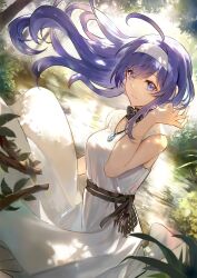 1girl absurdres ahoge blue_eyes blue_hair dress hairband highres huge_ahoge long_hair looking_at_viewer orie_ballardiae_harada outdoors qitoli solo under_night_in-birth very_long_hair white_dress white_hairband