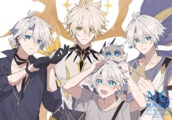 4boys adjusting_clothes adjusting_gloves age_comparison antenna_hair asymmetrical_wings black_choker black_gloves black_shirt blonde_hair blue_eyes chimera_(honkai:_star_rail) choker collared_shirt gloves half_gloves halo halo_behind_head highres honkai:_star_rail honkai_(series) male_focus material_growth multiple_boys multiple_persona pectoral_cleavage pectorals phainon_(fashion)_(honkai:_star_rail) phainon_(honkai:_star_rail) purin_234 shirt short_hair sleeves_rolled_up solo watermark white_hair white_shirt wings yellow_eyes
