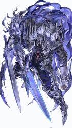1other absurdres armor cape elden_ring elden_ring_nightreign extra_arms full_armor gauntlets helmet heolstor_the_nightlord highres holding holding_sword holding_weapon nameno92372763 purple_cape shoulder_armor simple_background sword triple_wielding upper_body weapon white_background