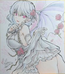1girl absurdres alternate_costume ass bat_wings black_bow black_dress bow breasts chain commentary_request dated dress elbow_gloves falling_petals fang flower gloves grey_gloves hair_bow hair_flower hair_ornament highres large_breasts looking_at_viewer monety open_mouth petals pink_eyes pointy_ears red_flower red_rose remilia_scarlet rose shikishi signature single_glove smile solo touhou traditional_media wings