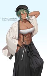 Rule 34 | 1girl, abs, absurdres, arm behind head, bandeau, beret, black hakama, black hat, borrowed character, breasts, cleavage, closed mouth, commentary, commission, commissioner name, dark-skinned female, dark skin, earrings, english commentary, feet out of frame, green hair, hakama, hakama pants, haori, hat, highres, hip vent, jacket, japanese clothes, jewelry, jitte, large breasts, mole, mole under eye, muscular, muscular female, narumi (hasturex), navel, ofuda earrings, ohayosayonara, open clothes, open jacket, original, pants, red eyes, second-party source, short hair, solo, stomach, stomach tattoo, tattoo, tribal tattoo, weapon, white bandeau, white haori, white jacket