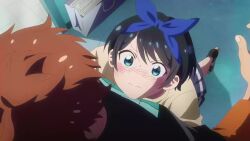 1boy 1girl animated audible_speech black_hair blue_eyes breast_press breasts japanese_audio kanojo_okarishimasu large_breasts sarashina_ruka tagme video