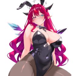 1girl alternate_costume arms_behind_back bare_shoulders black_bow black_bowtie black_leotard blue_eyes bow bowtie breasts cleavage covered_groin covered_navel crystal_wings detached_sleeves detached_wings double-parted_bangs gluteal_fold hair_ornament halo heterochromia highleg highleg_leotard hololive hololive_english horns irys_(hololive) large_breasts leotard light_blush lips long_hair looking_at_viewer mixed-language_commentary pantyhose playboy_bunny pointy_ears rabbit_hair_ornament red_eyes red_hair rijeka1918 simple_background smile solo star_halo strapless strapless_leotard thick_thighs thighs transparent_background upper_body virtual_youtuber wings