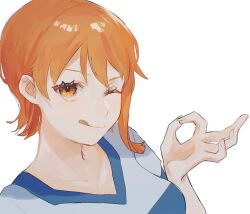 1girl ;q closed_mouth collarbone commentary_request hair_behind_ear highres licking_lips looking_at_viewer machida_0906 money_gesture nami_(one_piece) nami_(one_piece)_(east_blue) ok_sign one_eye_closed one_piece orange_eyes orange_hair shirt short_hair short_sleeves simple_background single_sidelock solo tongue tongue_out two-tone_shirt upper_body v-neck white_background white_shirt