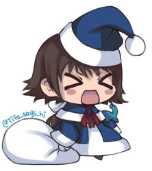 Rule 34 | &gt; &lt;, 1girl, :d, blue capelet, blue coat, blue hat, blush stickers, brown hair, capelet, christmas, closed eyes, coat, commentary, fur-trimmed capelet, fur trim, hair ribbon, hat, holding, holding sack, long hair, long sleeves, lowres, meme, mikakunin de shinkoukei, mitsumine mashiro, open mouth, padoru (meme), ribbon, sack, santa hat, simple background, smile, solo, standing, tifa amakura, twitter username, white background, white ribbon