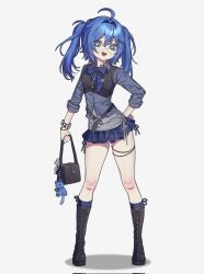 Rule 34 | 0 o s k, 1girl, :d, ahoge, bag, black boots, blue bow, blue bowtie, blue eyes, blue hair, blue jacket, blue skirt, blue socks, boots, bow, bowtie, commentary, commission, corrupted twitter file, full body, hair ornament, hairclip, hand on own hip, heart, heart-shaped pupils, highres, holding, holding bag, jacket, lace-up boots, long hair, long sleeves, looking at viewer, miniskirt, open mouth, original, parallel hairclips, pleated skirt, simple background, skirt, smile, socks, solo, standing, symbol-shaped pupils, twintails, white background