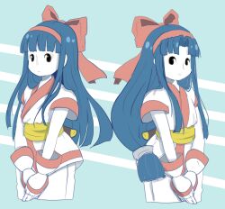 1girl ainu_clothes alternate_hairstyle black_eyes blue_hair breasts fingerless_gloves gloves hair_ribbon legs long_hair multiple_views nakoruru own_hands_together pants ribbon samurai_spirits small_breasts snk solo the_king_of_fighters thighs very_long_hair weapon