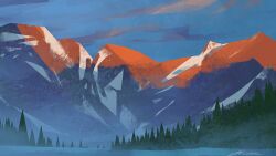 Rule 34 | artist name, blue sky, fog, forest, landscape, mountain focus, mountainous horizon, nature, original, outdoors, painterly, scenery, signature, sky, sunrise, zandra