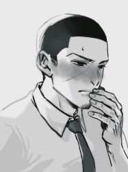 1boy arm_up blush buzz_cut closed_mouth collared_shirt commentary golden_kamuy greyscale hand_on_own_face ir_7770 looking_ahead male_focus monochrome necktie shirt short_hair short_sideburns sideburns simple_background solo three_quarter_view tsukishima_hajime very_short_hair white_background wing_collar