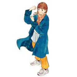 1girl black_eyes blue_coat brown_hair brown_scarf choppy_bangs closed_mouth coat commentary_request flexing full_body gomafuki hand_on_own_arm highres light_blush long_hair looking_at_viewer orange_pants original pants parted_hair plaid_clothes plaid_coat scarf shoes simple_background smile sneakers solo white_background white_shoes