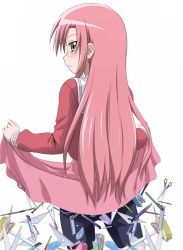 1girl bakemonogatari bike_shorts blush clothes_lift female_focus from_behind frown hair_ornament hairclip hayate_no_gotoku! katsura_hinagiku long_hair looking_back monogatari_(series) parody pink_hair red_hair school_uniform scissors senjougahara_hitagi serafuku skirt skirt_lift solo stapler third-party_edit yellow_eyes youkan