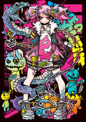 1girl 2025 animal bandages belt_chain chain chinese_zodiac decora directional_arrow_hair_ornament dress emoji_hair_ornament english_text engrish_text forked_tongue giant_snake graffiti gyaru halter_dress halterneck highres lock nengajou new_year original oversized_animal padlock profanity project.c.k. punk ranguage rokku_gyaru shoes shorts snake sneakers stuffed_toy tattoo thumb_ring tongue twintails year_of_the_snake