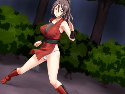 Rule 34 | 1girl, breasts, brown hair, covered erect nipples, female focus, fighting stance, floating hair, forest, fundoshi, gauntlets, green eyes, japanese clothes, large breasts, legs, long hair, looking at viewer, nature, nightmare express, ninja, original, outdoors, ponytail, shimano natsume, sleeveless, smile, solo, standing, thighs, tree