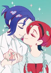Rule 34 | 1boy, 1girl, amate yuzuriha, aqua background, blue hair, blush, closed eyes, colored inner hair, face-to-face, formal clothes, gundam, gundam gquuuuuux, hairband, hetero, highres, holding hands, jacket, jewelry, multicolored hair, nail polish, necklace, ponytail, purple hair, red hair, rhelia, shirt, short hair, shuji ito, sparkle, suit, two-tone hair, upper body, white suit
