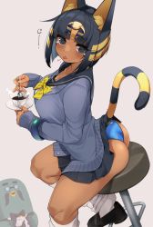 1girl :o absurdres animal_crossing animal_ears ankha_(animal_crossing) ass black_eyes black_hair black_skirt blue_cardigan blue_panties bob_cut bow bowtie brewster_(animal_crossing) cardigan cat_girl chair coffee commentary_request cup dark-skinned_female dark_skin disposable_cup hair_ornament highres holding holding_cup holding_spoon humanization jovejun long_sleeves looking_at_viewer nintendo panties panty_tag personification pink_background plaid_bow plaid_bowtie plaid_clothes plaid_neckwear school_uniform short_hair simple_background sitting skirt snake_hair_ornament spoon steam striped_tail tag tail teacup thighs underwear yellow_neckwear