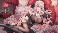Rule 34 | 1girl, :d, bed sheet, black dress, black thighhighs, black veil, blue eyes, blush, breasts, commentary, commission, curtains, detached sleeves, dress, flower, garter straps, gloves, indoors, large breasts, long hair, long sleeves, looking at viewer, lying, on bed, on side, open mouth, original, petals, pillow, pink flower, pink hair, skeb commission, smile, solo, thighhighs, thighs, veil, white gloves, yutsumoe