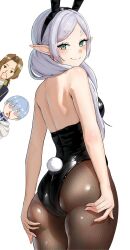1girl 2boys animal_ears aroused_nosebleed ass blue_hair breasts brown_hair commentary_request earrings elf fake_animal_ears fake_tail frieren grabbing_own_ass green_eyes grey_hair heart heart-shaped_eyes highres himmel_(sousou_no_frieren) jewelry leotard long_hair looking_at_viewer multiple_boys parted_bangs playboy_bunny pointy_ears rabbit_ears rabbit_tail sein_(sousou_no_frieren) short_hair small_breasts smile sousou_no_frieren strapless strapless_leotard tail twintails yami_anko