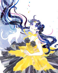 1girl artemis_(sailor_moon) bare_arms bishoujo_senshi_sailor_moon bow bow_choker cat choker commentary_request crescent crescent_earrings crescent_necklace dot_nose dress earrings eyelashes floating_hair hair_bun highres jewelry light_smile long_hair looking_up luna_(sailor_moon) luna_(sailor_moon)_(human) masking_tape_(medium) mixed_media necklace purple_eyes purple_hair ribbon ryono sleeveless sleeveless_dress solo star_(symbol) traditional_media unconventional_media upper_body very_long_hair white_background yellow_bow yellow_dress yellow_ribbon