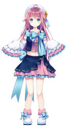 1girl ahoge back_bow beret blue_bow blue_eyes blush bow closed_mouth detached_sleeves footwear_bow frilled_sleeves frills full_body hat highres kusada_souta long_sleeves looking_at_viewer midriff mizugame_mia multicolored_skirt official_art pink_hair re:act shoes simple_background skirt sleeves_past_fingers sleeves_past_wrists smile solo standing striped_bow tachi-e third-party_source virtual_youtuber white_background white_shoes white_sleeves