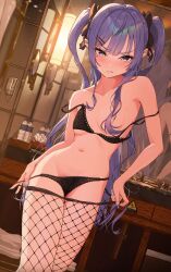 1girl absurdres alternate_costume alternate_hairstyle black_bra black_panties blue_eyes blue_hair blue_nails blush bottle bra bra_pull breasts clenched_teeth clothes_pull ear_piercing earrings fishnet_pantyhose fishnets hair_censor hair_ornament hairclip heart_sticker highres holding holding_bottle hololive hoshimachi_suisei hotel_room jewelry jirai_kei looking_at_viewer mirror multiple_earrings navel panties panty_pull pantyhose pantyhose_pull phone piercing pulling_own_clothes reflection scowl sink small_breasts solo star_(symbol) star_in_eye sticker_on_face stomach strap_slip symbol_in_eye teeth tissue_box twintails underwear undressing v-shaped_eyebrows virtual_youtuber yozora_(1wkdgusdn)