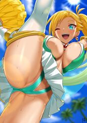 1girl aqua_eyes ass blonde_hair breasts calamity_jane_(fate) calamity_jane_(third_ascension)_(fate) cameltoe cheerleader earrings facial_mark fate/grand_order fate_(series) from_below guriguri_(arayotto4351) highres jewelry large_breasts long_hair looking_at_viewer looking_down one_eye_closed open_mouth outdoors pleated_skirt pom_pom_(cheerleading) skirt smile solo split spread_legs standing standing_on_one_leg standing_split star_(symbol) star_facial_mark thighhighs thighs variant_set white_skirt white_thighhighs