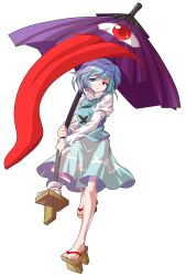 Rule 34 | 1girl, alphes (style), aqua shirt, aqua vest, blue eyes, blue hair, breasts, closed mouth, collar, commentary request, crying, crying with eyes open, dairi, frilled collar, frills, full body, geta, half-closed eyes, heterochromia, highres, holding, holding umbrella, karakasa obake, large variant set, long sleeves, looking at viewer, parody, purple umbrella, red eyes, shirt, short hair, skirt, solo, standing, standing on one leg, style parody, tachi-e, tatara kogasa, tears, tongue, tongue out, touhou, transparent background, umbrella, variant set, white shirt