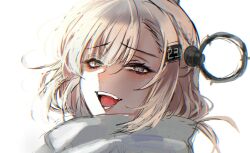 Rule 34 | 1girl, blonde hair, eyelashes, hagioshi, hair between eyes, hair ornament, hairclip, half-closed eyes, headgear, highres, kantai collection, looking at viewer, open mouth, portrait, scarf, simple background, solo, teeth, wahoo (kancolle), white background, white scarf