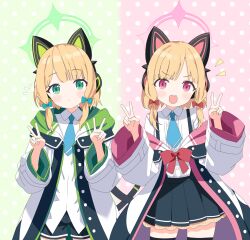 2girls animal_ear_headphones animal_ears aqua_necktie black_shorts black_skirt black_thighhighs blonde_hair blue_archive blunt_bangs blush bow buttons cat_ear_headphones cat_ears cat_tail closed_mouth collared_shirt commentary_request cowboy_shot dot_mouth dot_nose dotted_background fake_animal_ears fake_tail flying_sweatdrops frilled_skirt frills green_background green_bow green_eyes green_halo green_jacket hair_bow halo hands_up headphones highres hood hooded_jacket jacket long_sleeves looking_at_viewer low-tied_sidelocks masushi_masashi medium_hair midori_(blue_archive) momoi_(blue_archive) multicolored_jacket multiple_girls necktie notice_lines off_shoulder open_clothes open_jacket open_mouth patterned_background pink_background pink_eyes pink_halo pink_jacket pleated_skirt red_bow shirt shirt_tucked_in short_shorts shorts siblings sidelocks sisters skirt smile standing straight-on suspender_skirt suspenders tail tareme teeth thighhighs twins two-sided_fabric two-sided_jacket two-tone_background untucked_shirt upper_teeth_only v v-shaped_eyebrows white_jacket white_shirt wide_sleeves zettai_ryouiki