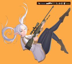 absurdres black_pantyhose boots brown_boots capelet commentary counter-strike_(series) earrings elf english_commentary expressionless extrakrispykari frieren full_body green_eyes gun highres holding holding_gun holding_weapon jewelry long_hair orange_background pantyhose pointy_ears rifle shirt simple_background skirt sniper_rifle sousou_no_frieren striped_clothes striped_shirt twintails weapon white_capelet white_hair white_skirt