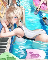 1girl absurdres animal_ear_fluff animal_ears ass bent_over black_one-piece_swimsuit blonde_hair blue_archive blue_eyes blue_halo blush breasts closed_mouth commentary dog_ears from_side hair_over_one_eye halo hashtag-only_commentary high_ponytail highres hsxxx kanna_(blue_archive) large_breasts long_hair looking_at_viewer looking_to_the_side one-piece_swimsuit out_of_frame ponytail poolside swimsuit two-tone_one-piece_swimsuit very_long_hair wet white_one-piece_swimsuit