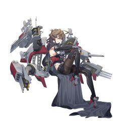 1girl belt black_belt black_pantyhose black_skirt boots breasts brown_eyes brown_hair gloves highres knee_boots looking_at_viewer official_art pantyhose pennsylvania_(warship_girls_r) rigging rudder_footwear sideboob skirt warship_girls_r