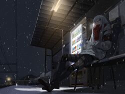 1girl absurdres black_pants blood blood_on_face blush cable camouflage ceiling_light clear_sky clover_hair_ornament coat enpera full_body girls&#039;_frontline grey_sky hair_ornament hands_in_pockets highres hk416_(fang)_(girls&#039;_frontline) hk416_(girls&#039;_frontline) last_man_battalion long_hair long_sleeves looking_away mountainous_horizon night on_chair outdoors pants red_scarf scarf seorang sidelocks sitting sky snow snow_camouflage snowing solo tom_clancy&#039;s_the_division train white_coat white_hair winter yellow_eyes