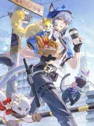 1girl absurdres aglaea_(honkai:_star_rail) alternate_costume animal animal_ears animal_on_shoulder animalization bag baguette black_cat black_gloves black_necktie black_pants blue_eyes blue_jacket blue_sky bread breasts building burger castorice_(honkai:_star_rail) cat cat_ears cat_girl cat_tail chinese_commentary cipher_(honkai:_star_rail) commentary_request cup disposable_cup fingerless_gloves food french_fries gloves grey_hair highres holding holding_bag holding_cup honkai:_star_rail honkai_(series) jacket medium_breasts necktie official_art outdoors pants road_sign sanyue_qiushi second-party_source shirt short_hair_with_long_locks sign sky skyscraper tail tribbie_(honkai:_star_rail) white_cat white_shirt yellow_cat