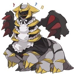 ^_^ alternate_costume ambiguous_gender animal_focus apron archived_source black_dress blinking_inside_eyes claws closed_eyes clothed_pokemon creatures_(company) dress enmaided frilled_apron frills full_body game_freak gen_4_pokemon giratina giratina_(altered) happy highres legendary_pokemon legs_up maid maid_apron multiple_legs musical_note nintendo no_humans open_mouth pokemon pokemon_(creature) ribbon second-party_source simple_background solo suzusina three_quarter_view wa_maid white_apron white_background
