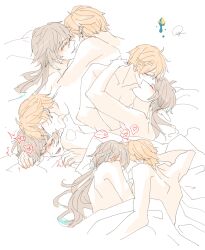 004s_4 2boys blush couple genshin_impact image_sample implied_sex kiss kissing_forehead multiple_boys on_bed pixiv pixiv_sample tartaglia_(genshin_impact) white_background yaoi zhongli_(genshin_impact)