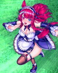 Rule 34 | 1girl, animal ears, black dress, black thighhighs, blue eyes, breasts, cleavage, dress, eroneko93, highres, hololive, hololive english, horse ears, horse girl, irys (hololive), kemonomimi mode, large breasts, multicolored hair, pointy ears, purple eyes, purple hair, red hair, running, skindentation, solo, streaked hair, thighhighs, thighs, two-tone hair, umamusume, virtual youtuber