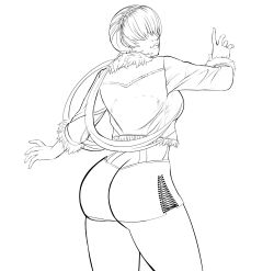 1girl absurdres arm_up ass breasts bursting_ass butt_crack curvy dress earrings erodrunky female_focus fishnets fluffy from_behind highres huge_ass huge_breasts jacket jewelry large_breasts long_hair looking_at_viewer looking_back ponytail shermie_(kof) standing the_king_of_fighters thick_lips thick_thighs thighs tight_clothes tight_dress twintails wide_hips