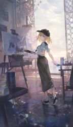 2girls :/ absurdres ankle_socks art_brush backlighting balcony bang_dream! bang_dream!_it&#039;s_mygo!!!!! baseball_cap between_fingers black_shoes black_skirt blonde_hair blurry blurry_foreground canvas_(object) chinese_commentary commentary_request day depth_of_field easel floating_hair foliage grey_shirt hat heel_up highres holding holding_brush holding_paint_palette indoors lens_flare long_skirt looking_at_viewer looking_back medium_hair misumi_uika multiple_girls object_request oblivionis_(bang_dream!) outstretched_arm paint_can paint_palette paintbrush painting_(action) picture_frame portrait_(object) purple_eyes shirt shoes short_sleeves sideways_glance skirt sky socks standing sunlight table togawa_sakiko tree_shade white_socks wide_shot wooden_floor zombie_ke